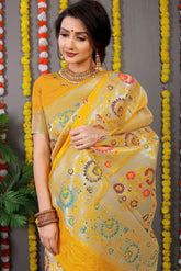 Regal Silver Zari Worked Yellow Heavy Banarasi Saree